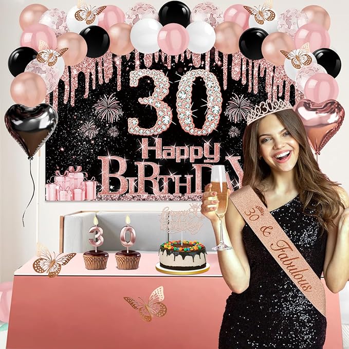 30th Birthday Decorations for Her 49pcs Black Rose Gold Black Happy