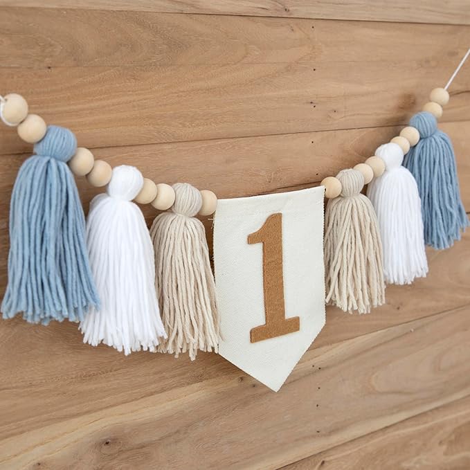 Boho Blue Handmade 1st Birthday High Chair Banner First Highchair
