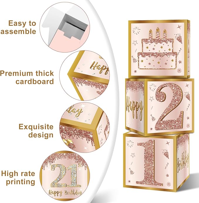 3Pcs 21st Birthday Decorations Boxes for Women Pink Rose Gold 21st