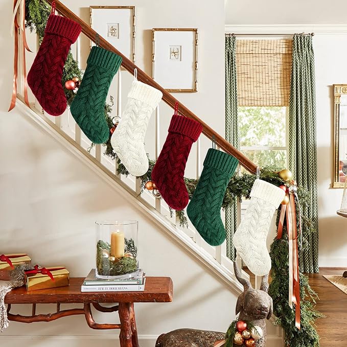 Christmas Stockings, 20 Inch Burgundy, Ivory, Green Cable Knit