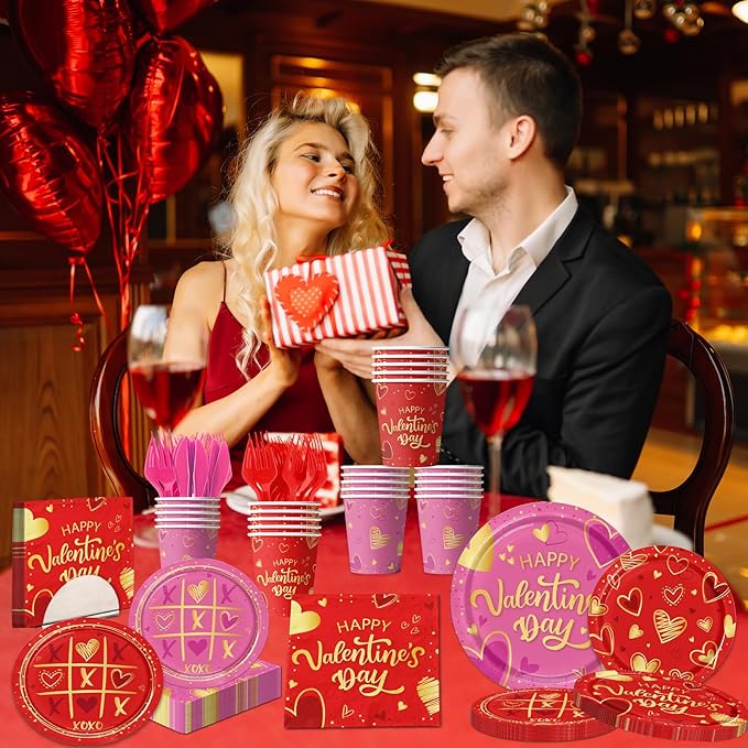 144PCS Valentine's Day Party Supplies Valentines Day Tableware Set