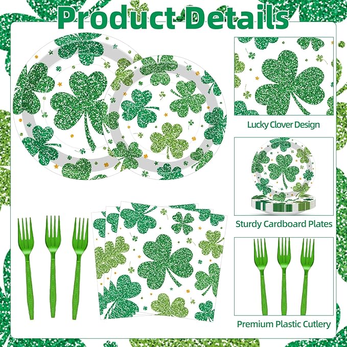100 Pcs St Patrick's Day Shamrock Tableware Party Supplies Set