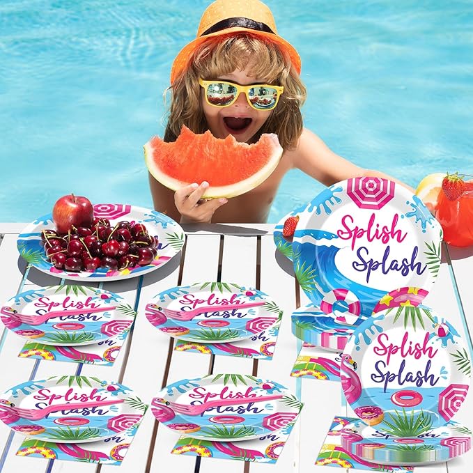 96Pcs Pink Splish Splash Plates and Napkins Summer Pool Birthday