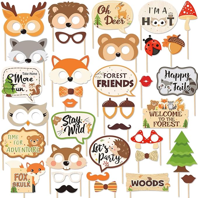 35 PCS Woodland Animal Photo Booth Props Wild One Camping Forest
