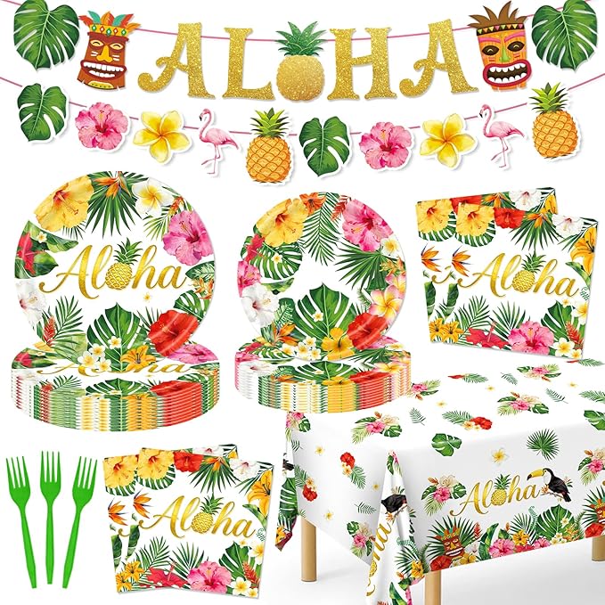 Luau Party Decorations 99Pcs Hawaiian Aloha Party Plates Serve 24