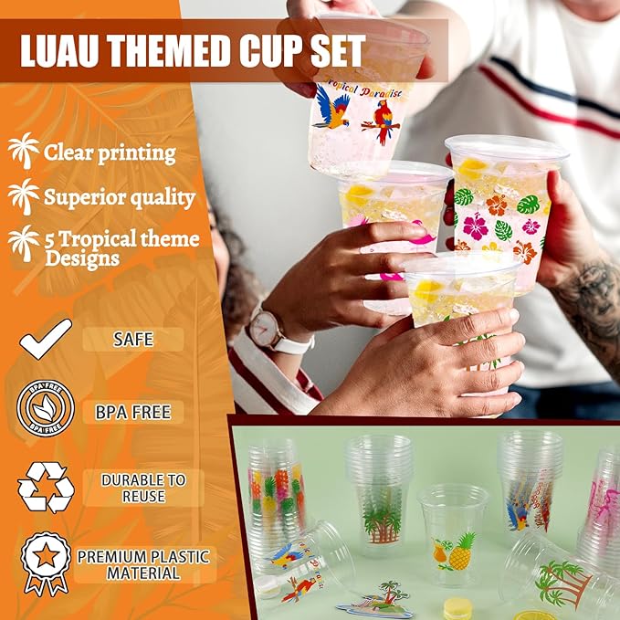 50Pcs Luau Party Decoration Cups 16 OZ Disposable Plastic Drinking