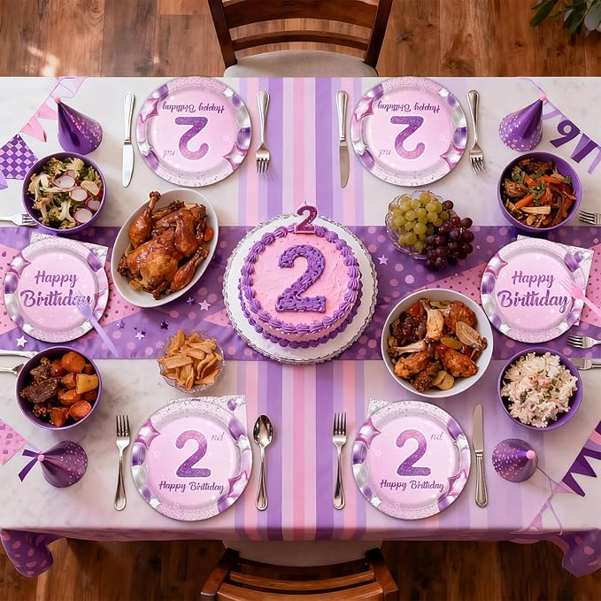 96Pcs Pink Purple 2nd Birthday Party Decorations Pastel 2nd Birthday