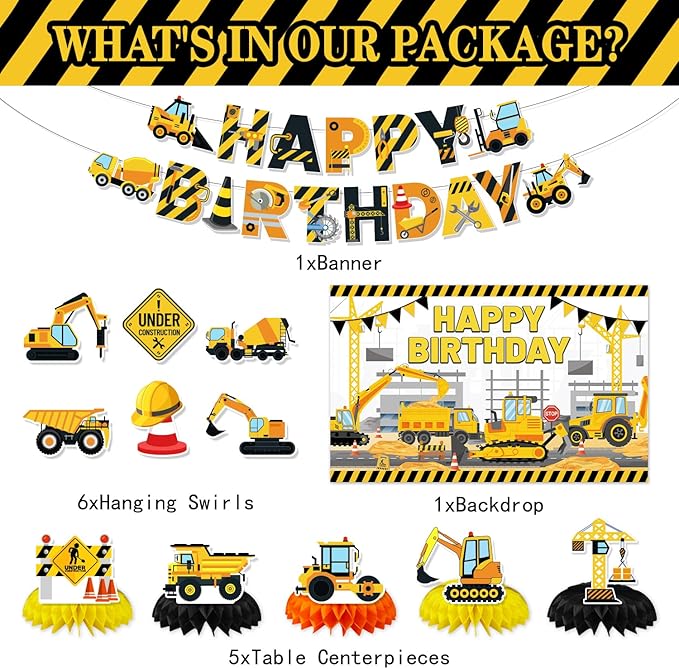 Construction Birthday Party Supplies & Decorations Kit with