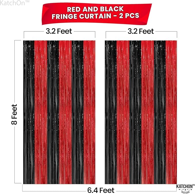 KatchOn Red and Black Fringe Curtain - 6.4x8 Ft Pack of 2 | Red and