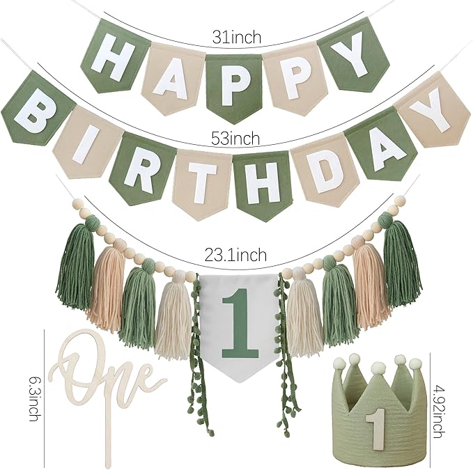 Wild One High Chair Banner Felt Green Happy Birthday Banner Pre