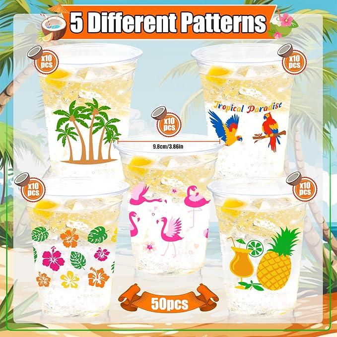 50Pcs Luau Party Decoration Cups 16 OZ Disposable Plastic Drinking