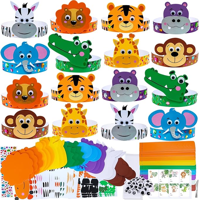24 Sets Jungle Animal Headbands Craft Kits Safari Crown Art Sets DIY