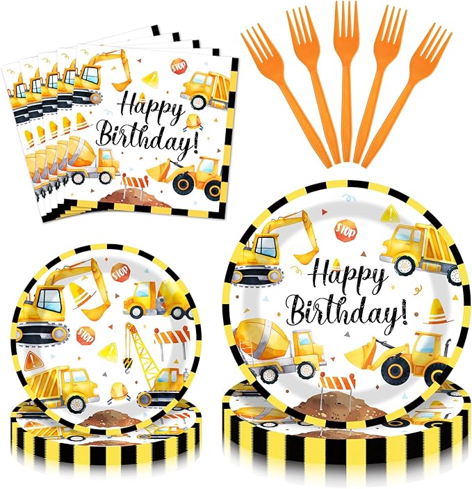 100 Pcs Construction Truck Party Tableware Set Disposable Vehicle