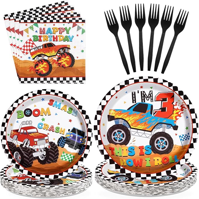 96 Pcs Monster Theme Truck 3rd Birthday Party Supplies Monster Theme
