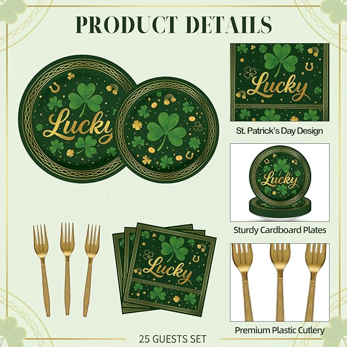 100 Pcs St Patrick's Day Tableware Party Supplies Serves 25