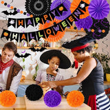 26PCS Halloween Party Decorations Purple Black Orange Paper Fans Set