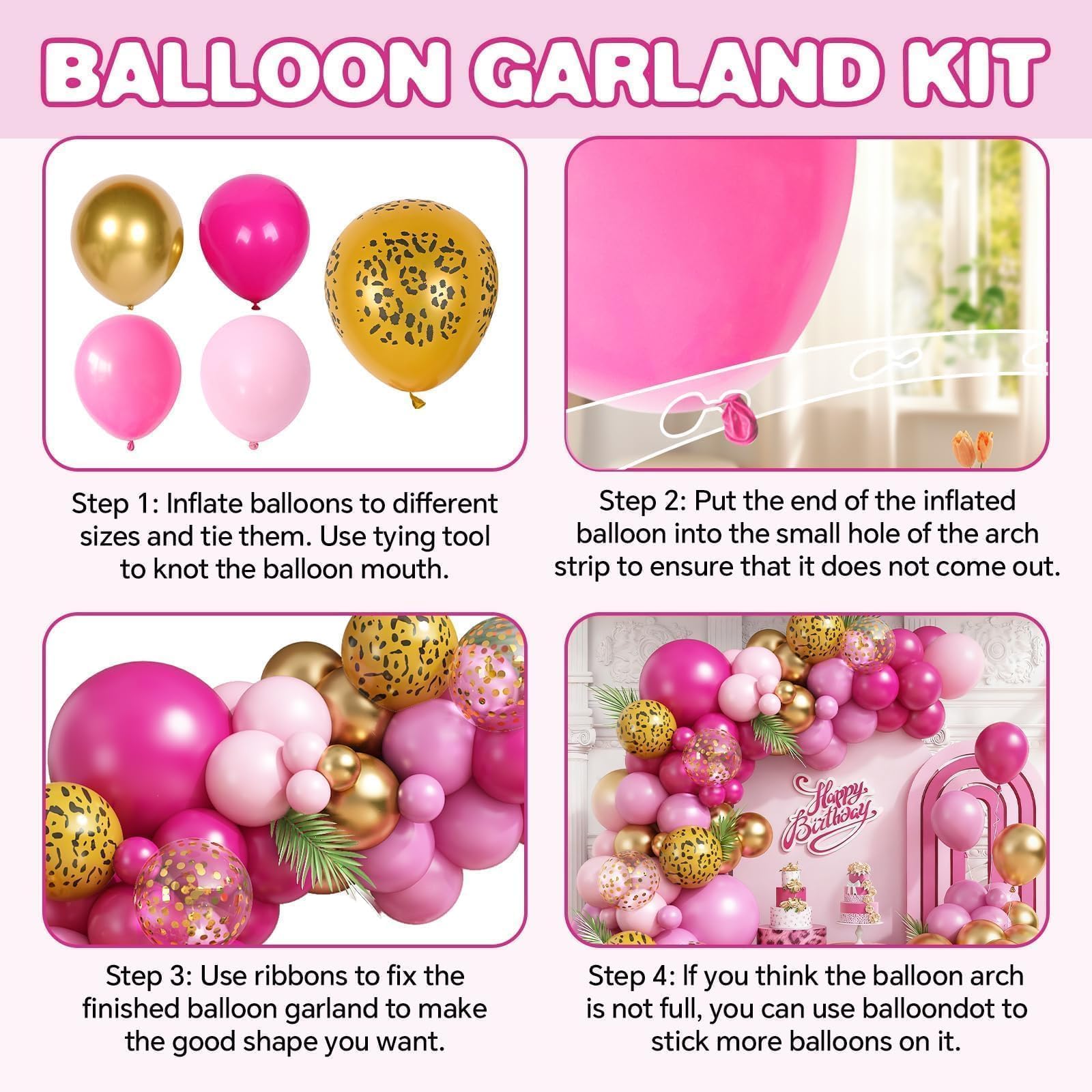 Hot Pink Cheetah Print Balloon Arch Kit, Pink Gold Balloons Garland