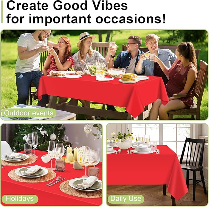 QIKSION Red Plastic Table Cloth Disposable 3 Pack, 54 x 108 Inch