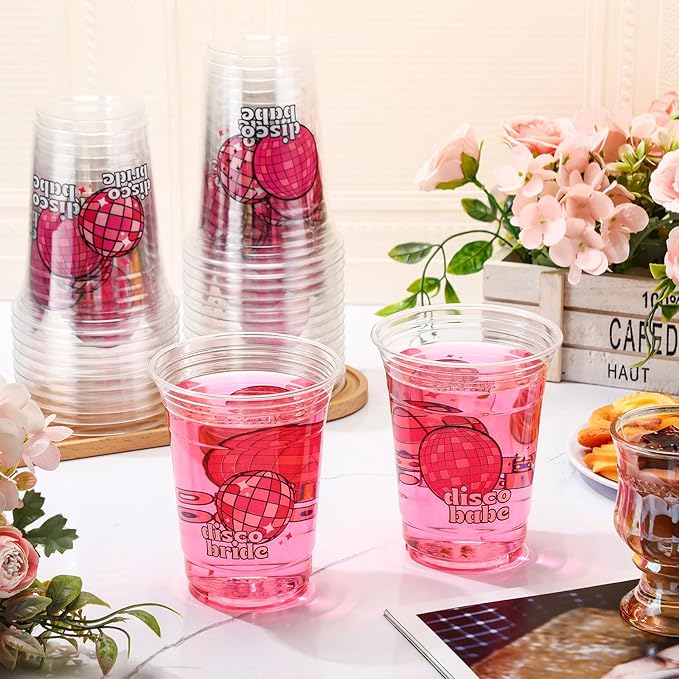100 Pcs Pink Disco Ball Bachelorette Party Cups 16 oz Clear