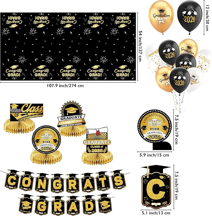 Graduation Decorations 2026 Black and Gold Party Supplies