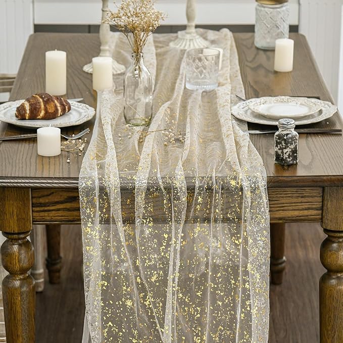 Artoid Mode 6Pcs Beige Gold Gauze Table Runner 120 Inch 10FT, Glitter