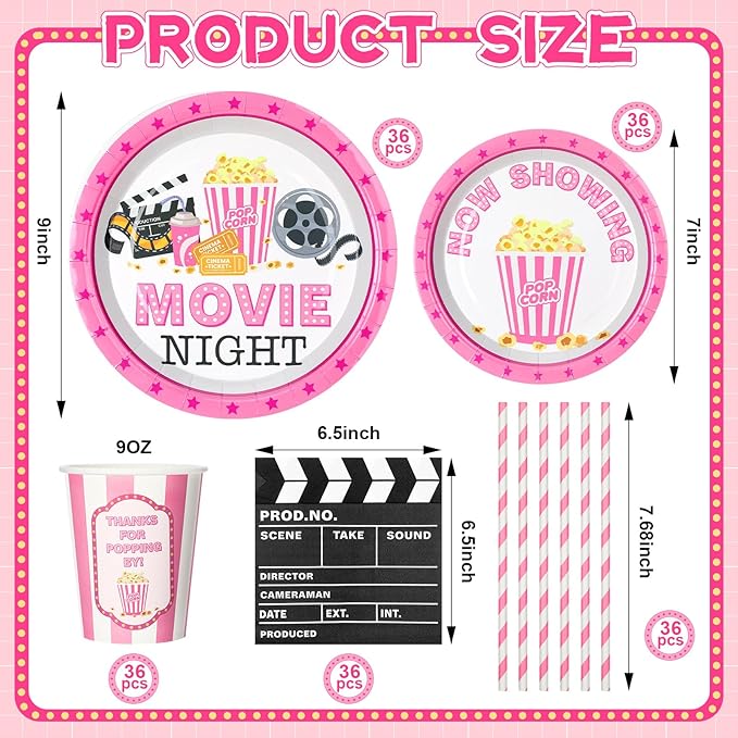 180 Pcs Movie Night Party Supplies Pink Movie Theme Birthday