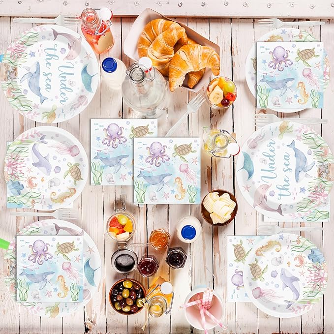 96 Pcs Under the Sea Party Decorations Ocean Plates and Napkins Sea
