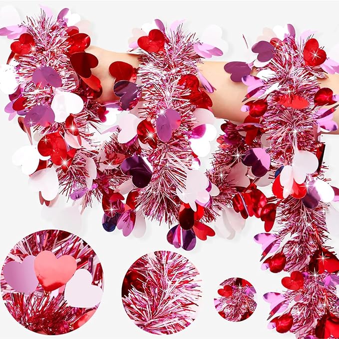 Valentines Day Garland with Hearts 50 Ft Pink Red Glitter Tinsel