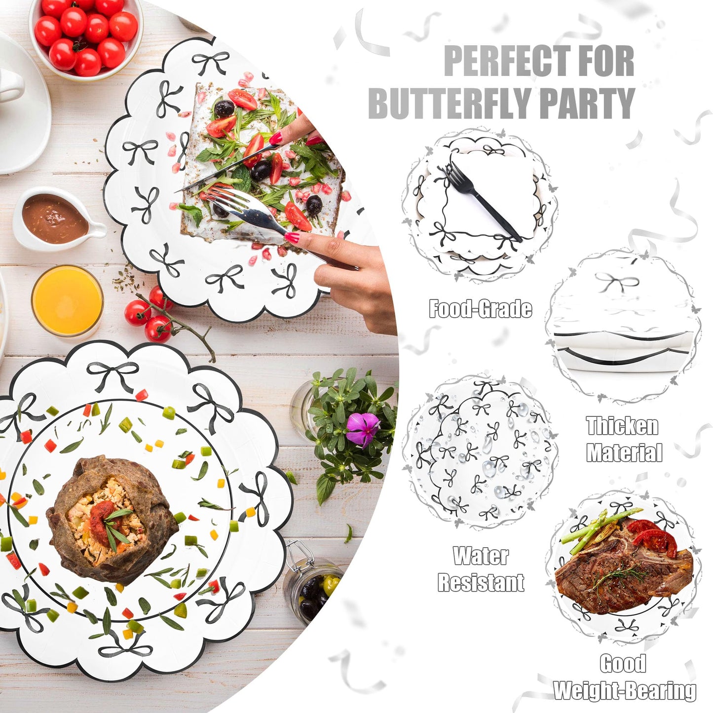 CANREVEL 96 PCS Black Bow Party Plates Serve 24, Bow Plates and