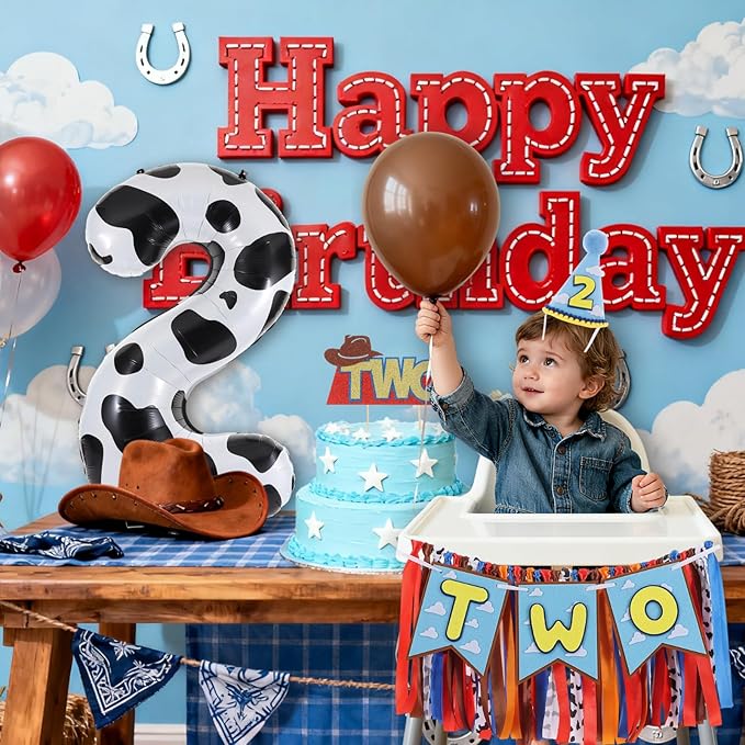 Cartoon Toy Highchair Banner for 2nd Birthday Party Decorations Two