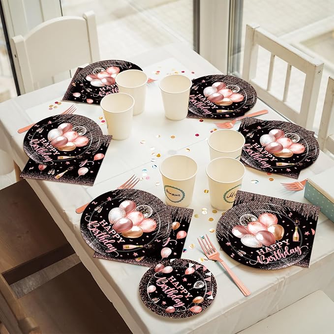 96 Pcs Rose Gold Birthday Plates and Napkins Party Supplies for