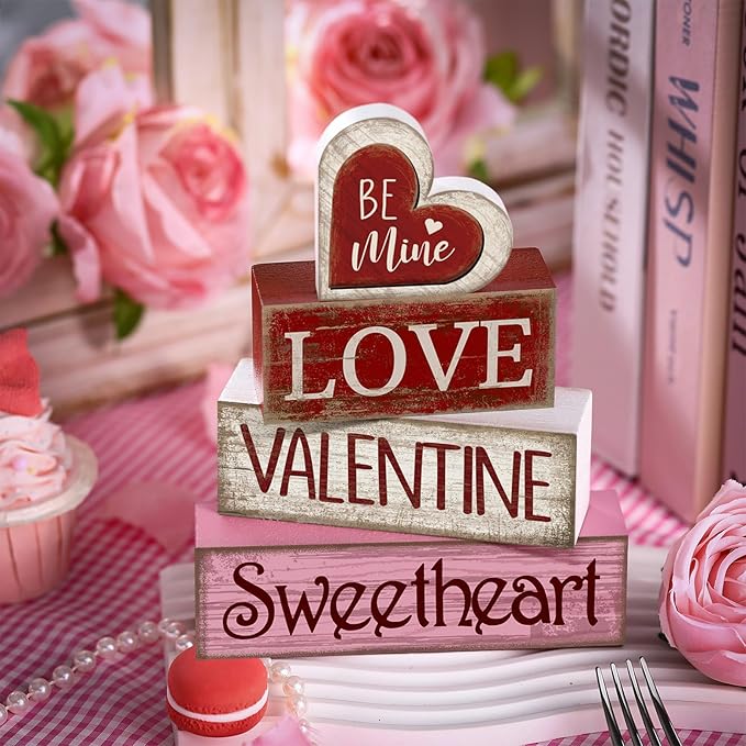 4 Pcs Valentine Table Decoration Wooden Be Mine Heart Decor