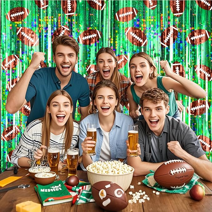 2 Packs Football Foil Fringe Curtain, Green Glitter Metallic Tinsel