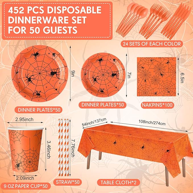 452 Pcs Halloween Spiderweb Supplies Tableware for 50 Guests Orange