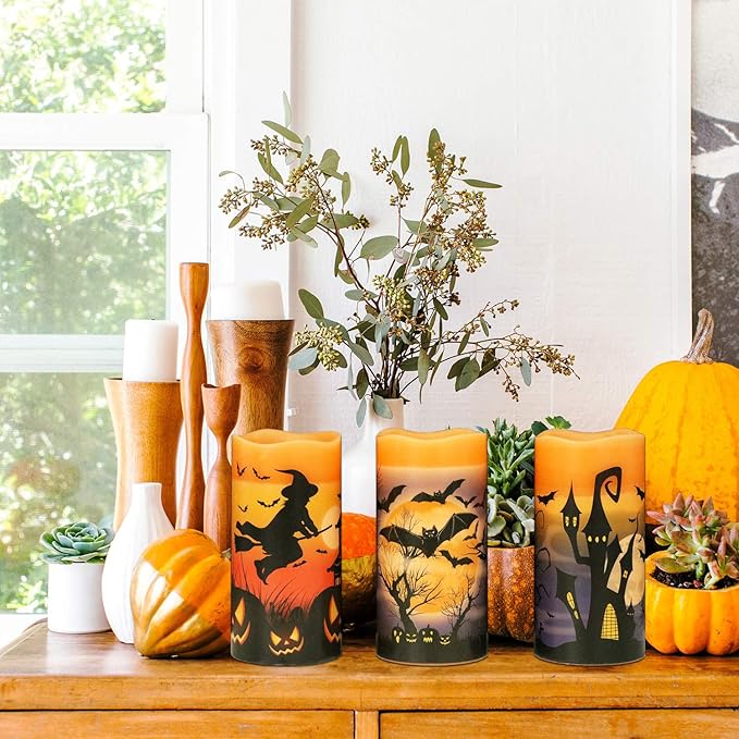 Halloween Flameless Flickering LED Candles with 6 Hour Timer Battery