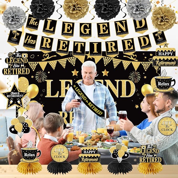 Retirement Party Decorations for Men Black Gold Happy Retirement
