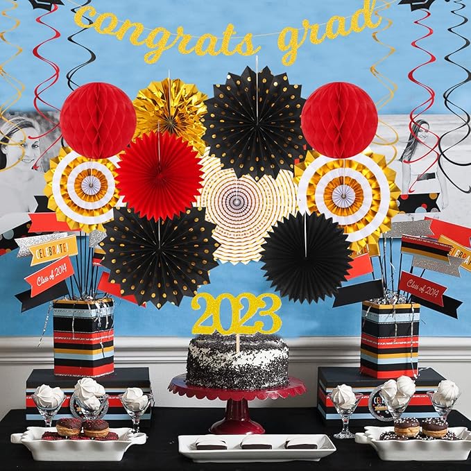 Red-Black Gold Party-Decorations Graduation Banner-Streamers - 18pcs