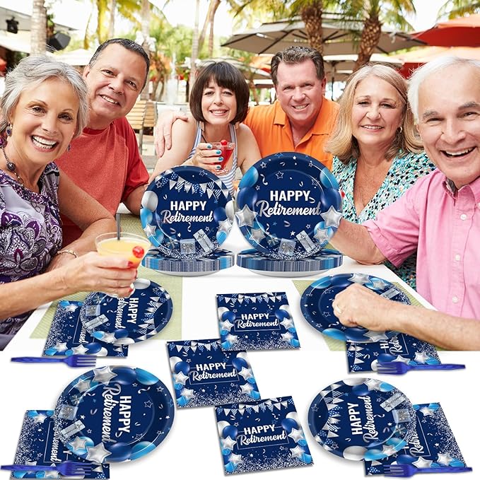 96 Pcs Retirement Plates and Napkins Party Supplies Paper Happy