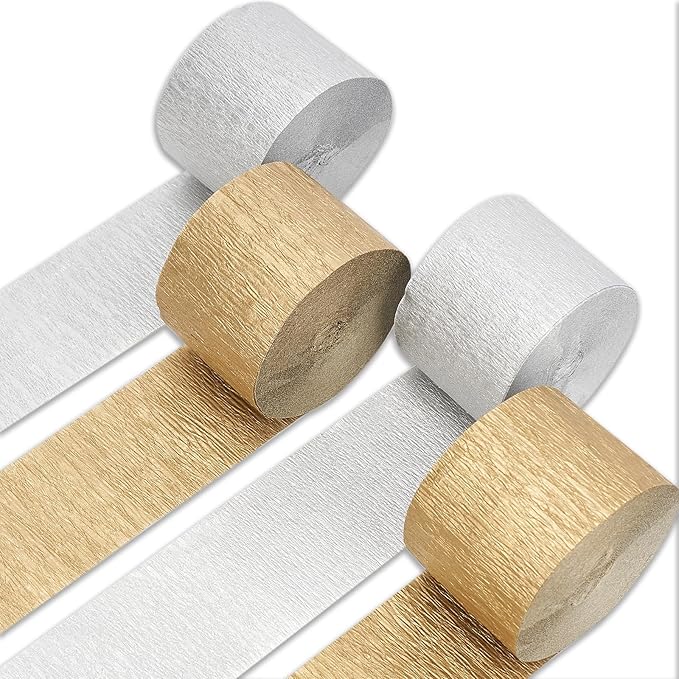 PartyWoo Metallic Gold and Silver Crepe Paper Streamers 4pcs 328ft