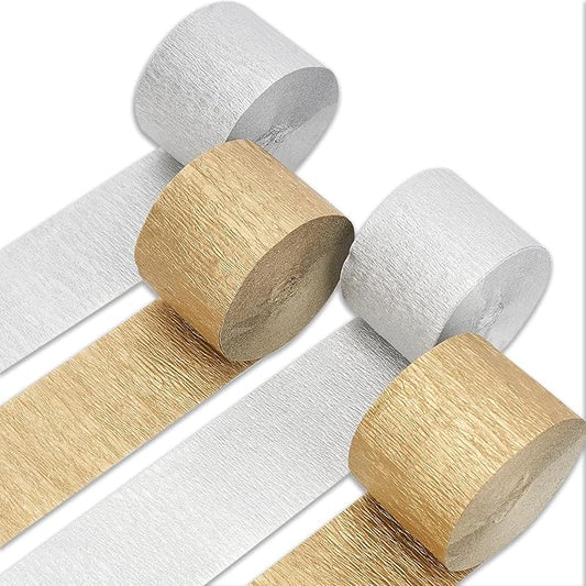 PartyWoo Metallic Gold and Silver Crepe Paper Streamers 4pcs 328ft