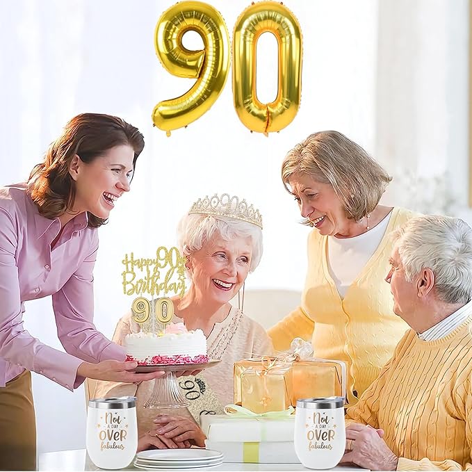 90th Birthday Decorations for Women Gold with 90th Birthday Sash and