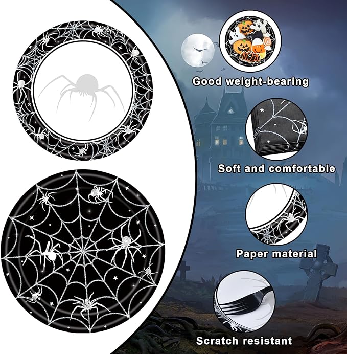 96 Pieces Halloween Tableware Set Spider Web Themed Disposable Party