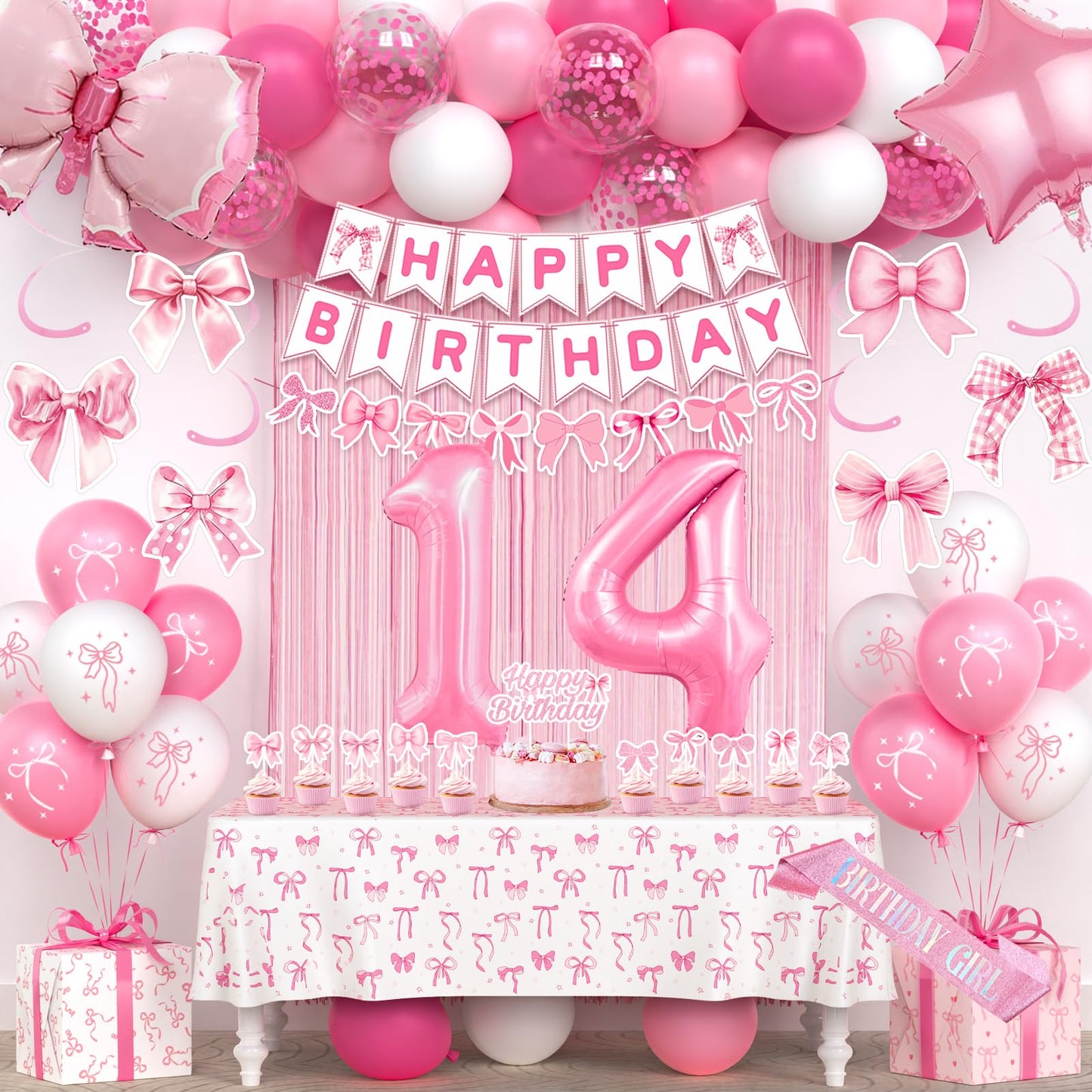 14th Pink Birthday Decorations for Girls, Pink Bow Coquette Birthday