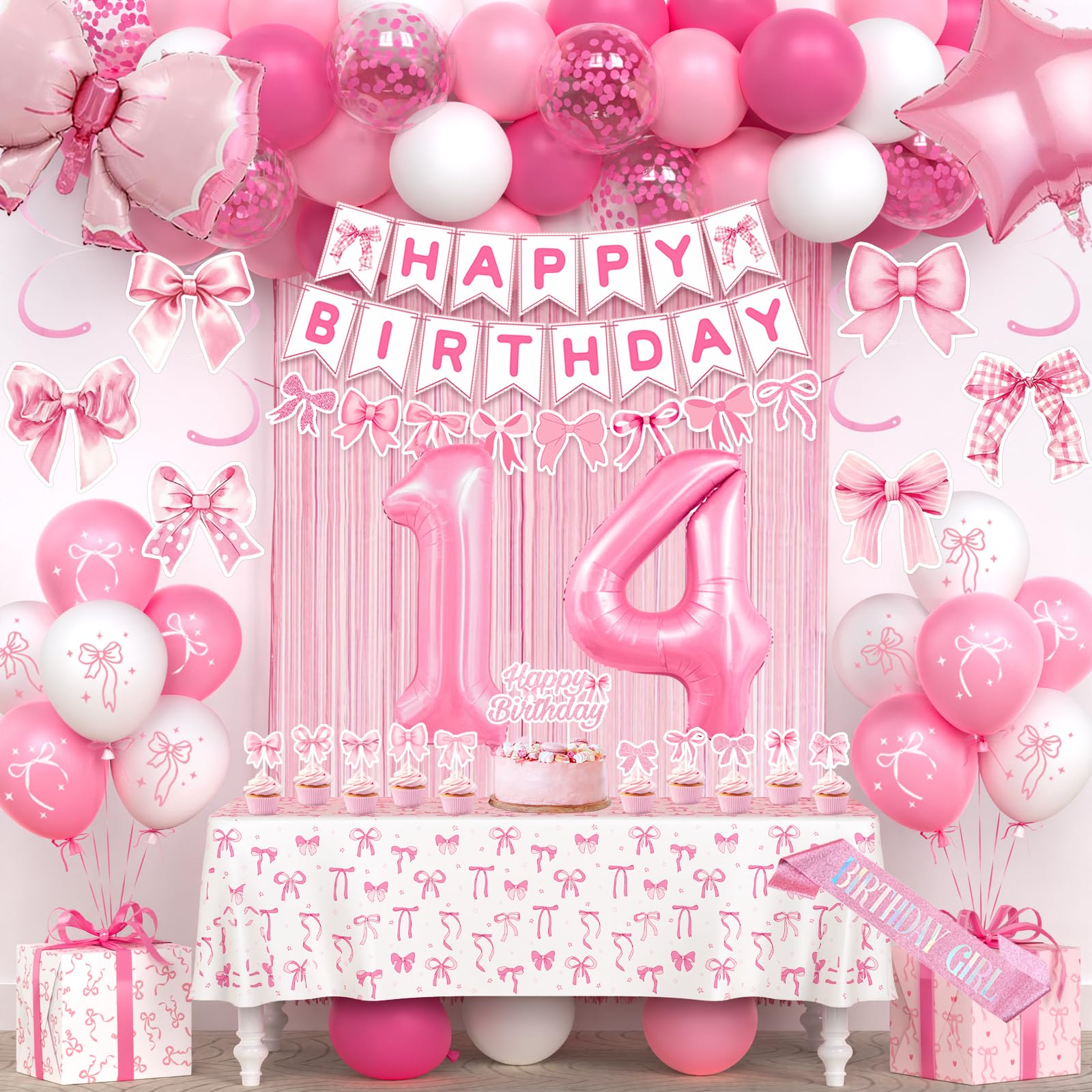 14th Pink Birthday Decorations for Girls, Pink Bow Coquette Birthday