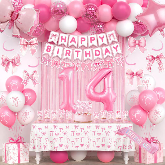 14th Pink Birthday Decorations for Girls, Pink Bow Coquette Birthday