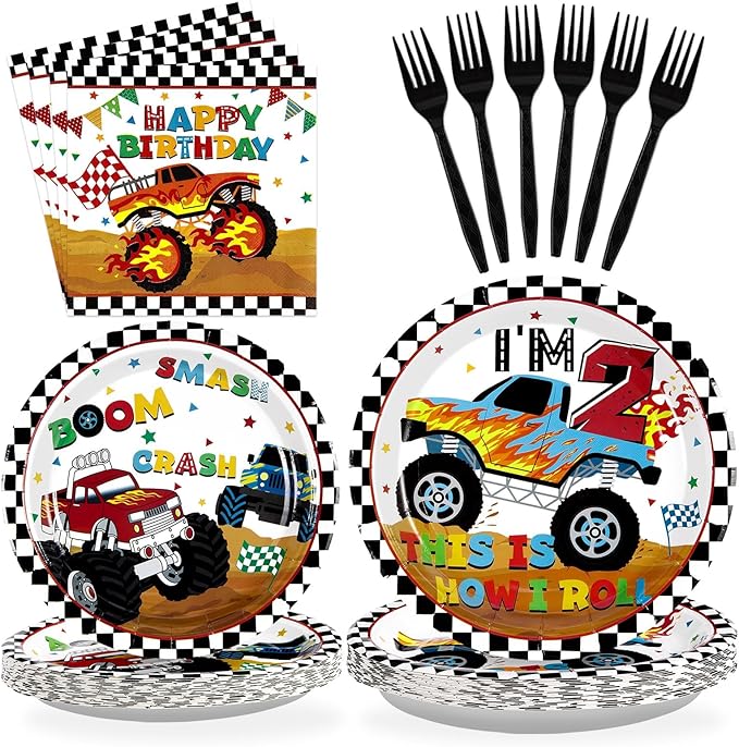 96 Pcs Monster Cartoon Truck 2nd Birthday Party Supplies I'm 2 Truck