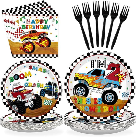 96 Pcs Monster Cartoon Truck 2nd Birthday Party Supplies I'm 2 Truck