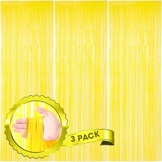 Voircoloria 3 Pack 3.3 x 8.2 ft Pastel Yellow Foil Fringe Backdrop