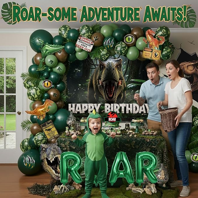 Dinosaur Birthday Decorations with Hunter Green Brown balloon arch &