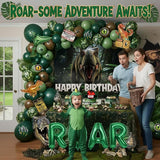 Dinosaur Birthday Decorations with Hunter Green Brown balloon arch &